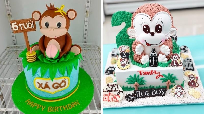 Bánh kem con khỉ hai tầng trang trí cầu kỳ