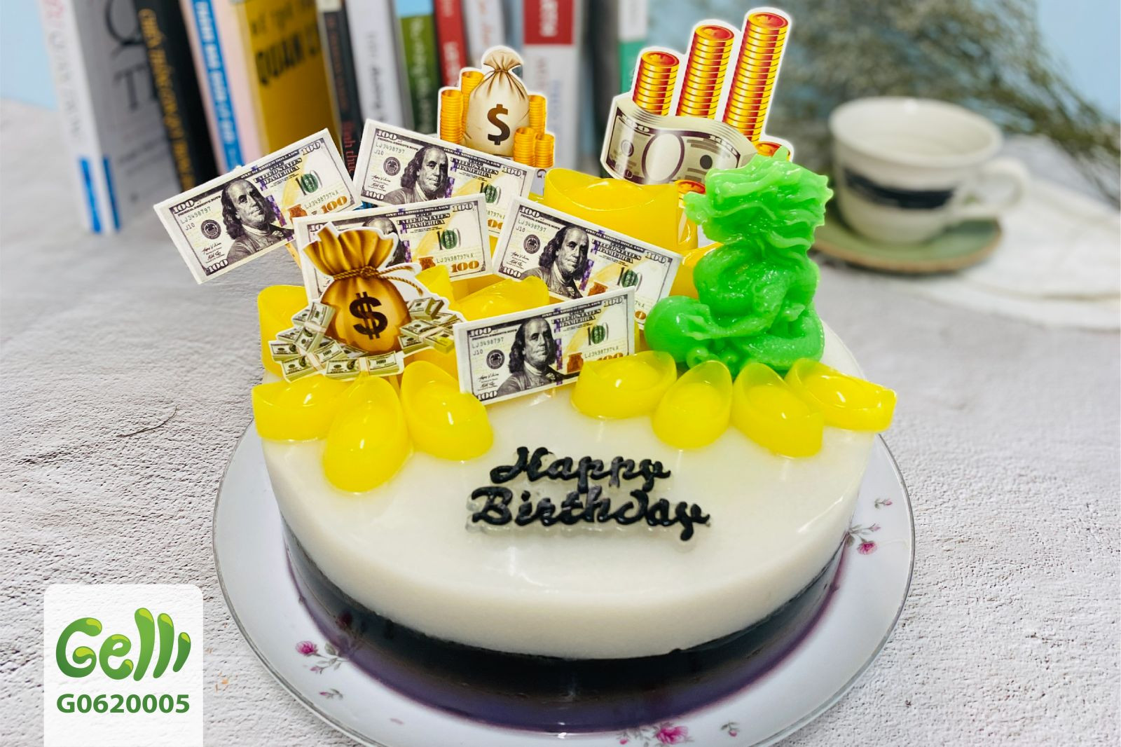 Bánh kem con rồng 3D thịnh vượng với hình ảnh tiền vàng