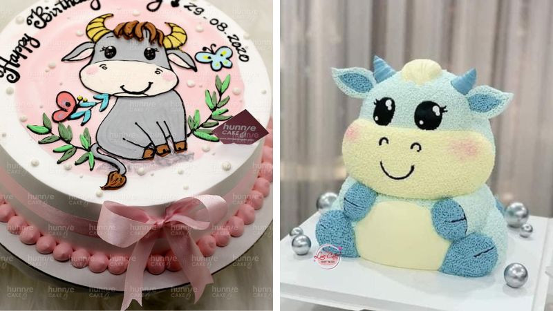 Bánh kem con trâu đáng yêu với hoa văn tinh tế