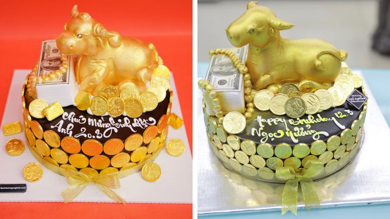 Bánh kem con trâu vàng trang trí tài lộc