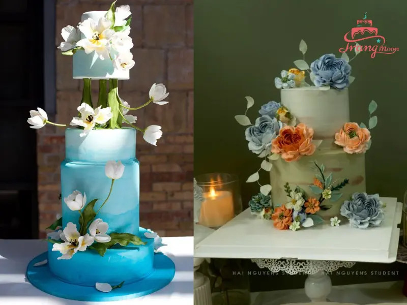 Bánh kem đám cưới thiết kế chủ đề thiên nhiên với hoa lá và màu xanh