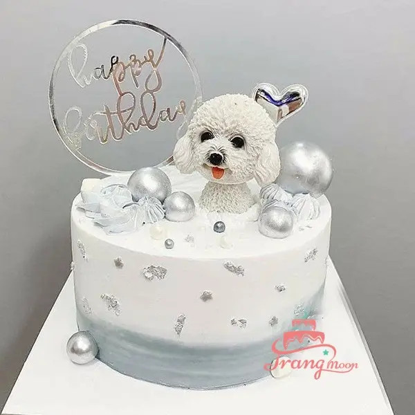 Bánh kem hình chú chó 3D màu vàng và trắng cho bé gái
