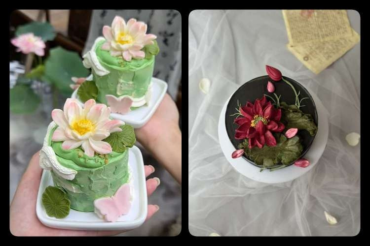 Bánh kem hoa sen với tông màu xanh tím cuốn hút