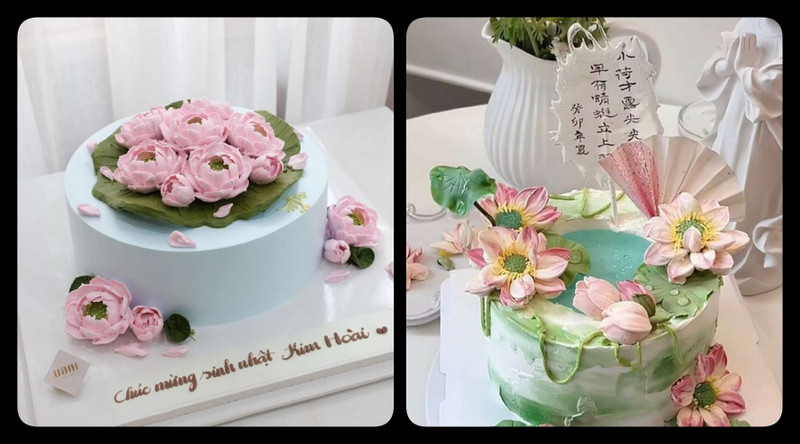 Bánh kem nghệ thuật với họa tiết hoa sen cách điệu