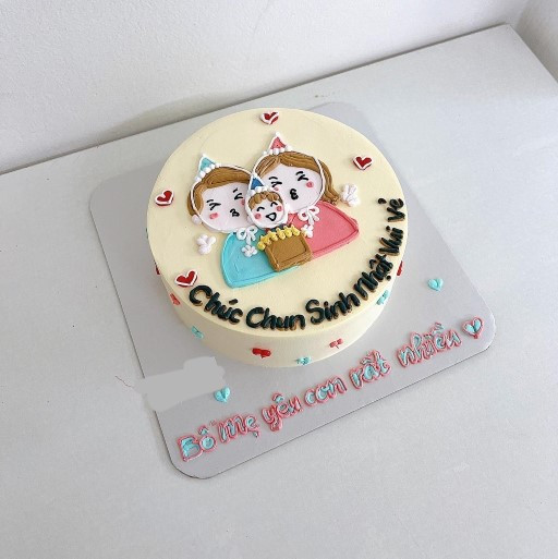 Bánh kem sinh nhật cho gia đình nhỏ với hình chibi đáng yêu