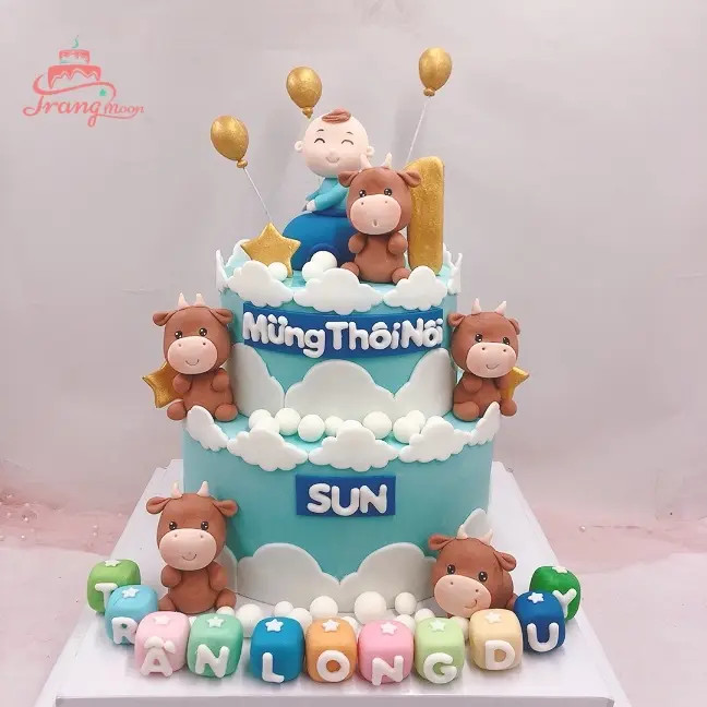 Bánh kem thôi nôi bé trai 2 tầng với chủ đề phiêu lưu
