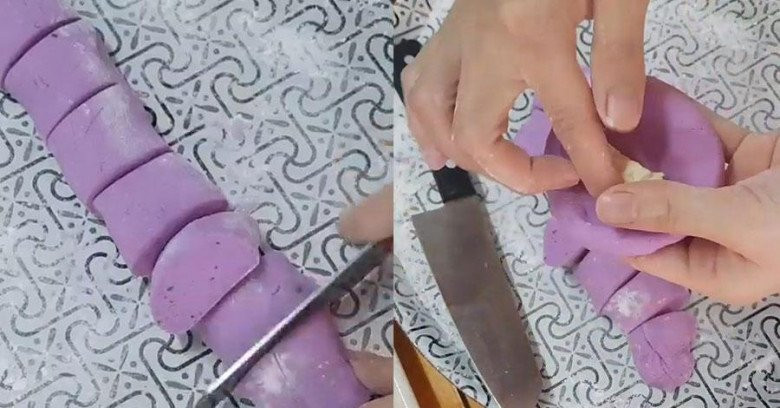 Bánh khoai mỡ với nhân phô mai bên trong, đã sẵn sàng để chiên