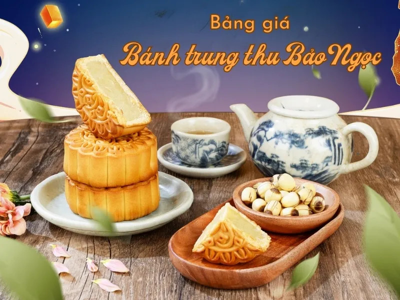 Bánh trung thu Bảo Ngọc truyền thống nhân thập cẩm vàng ươm trên khay tre