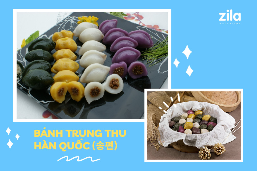 Bánh trung thu Hàn Quốc Songpyeon truyền thống nhiều màu sắc trên lá thông