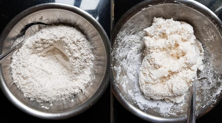 Bột gạo và bột năng được trộn đều cùng nước sôi để làm sợi bánh canh bột gạo xắt