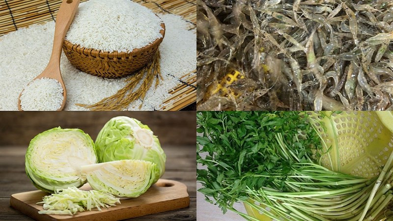 Các nguyên liệu chính để làm bánh khoái Thanh Hóa: gạo, tép, bắp cải, cần nước