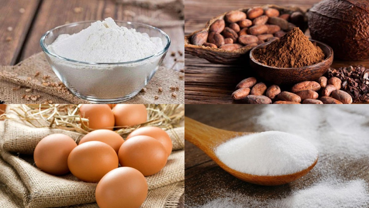 Các nguyên liệu làm bánh crinkle cơ bản gồm bột mì, bột cacao, trứng, đường, muối được sắp xếp gọn gàng trên bàn bếp