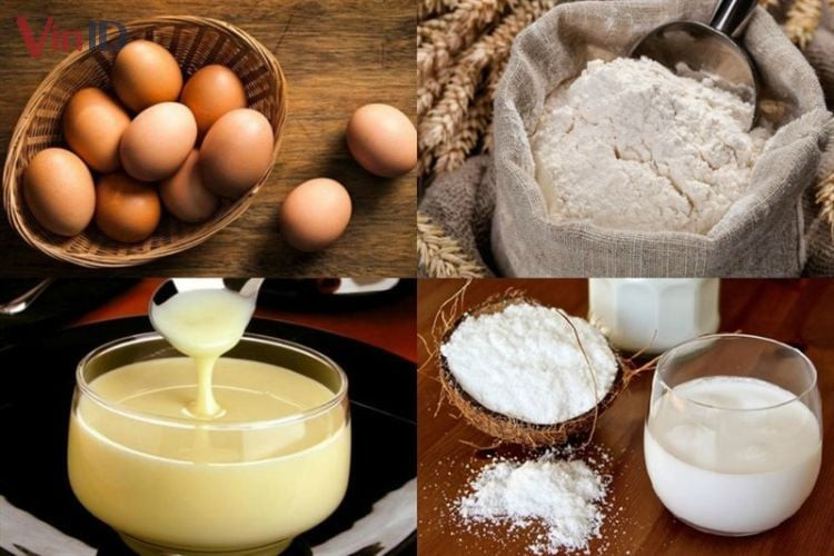 Các nguyên liệu làm bánh tổ ong nước cốt dừa gồm trứng, bột gạo, đường và nước cốt dừa