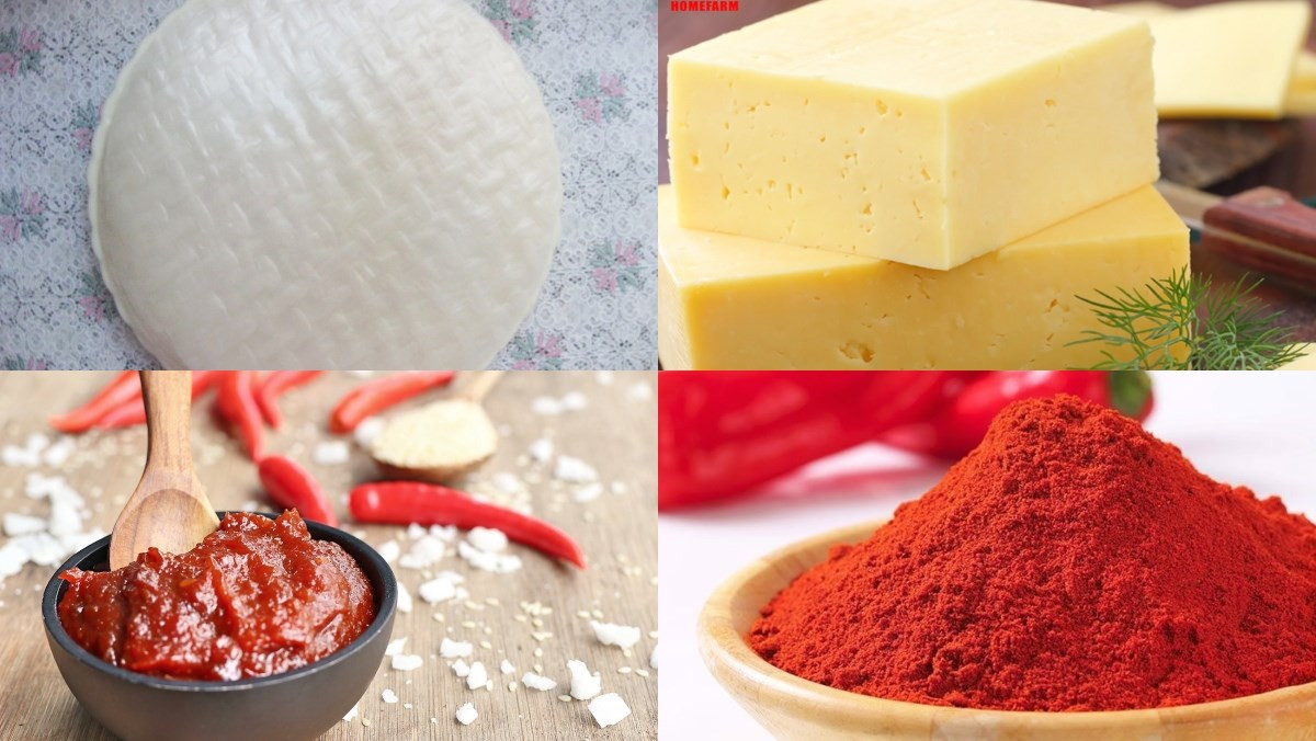 Các nguyên liệu tươi ngon để làm tokbokki phô mai bằng bánh tráng, bao gồm bánh tráng, chả cá, hành tây và các loại gia vị.