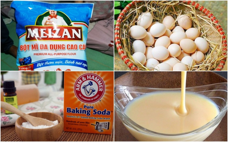Các nguyên liệu tươi sạch chuẩn bị làm bánh trứng gà non bao gồm bột, trứng, đường