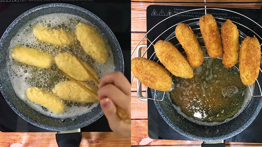 Chiên bánh chuối vàng giòn trên chảo dầu nóng