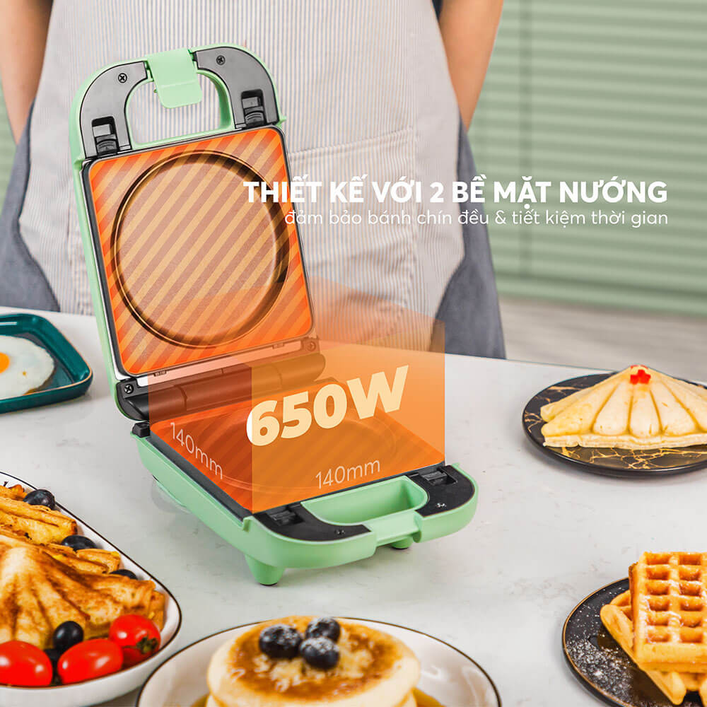 Công suất mạnh mẽ của máy nướng bánh mì kẹp giúp làm nóng nhanh