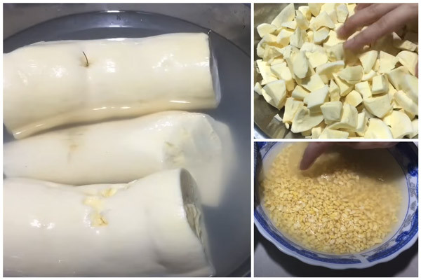 Củ sắn tươi đang được ngâm trong nước muối để loại bỏ độc tố hiệu quả