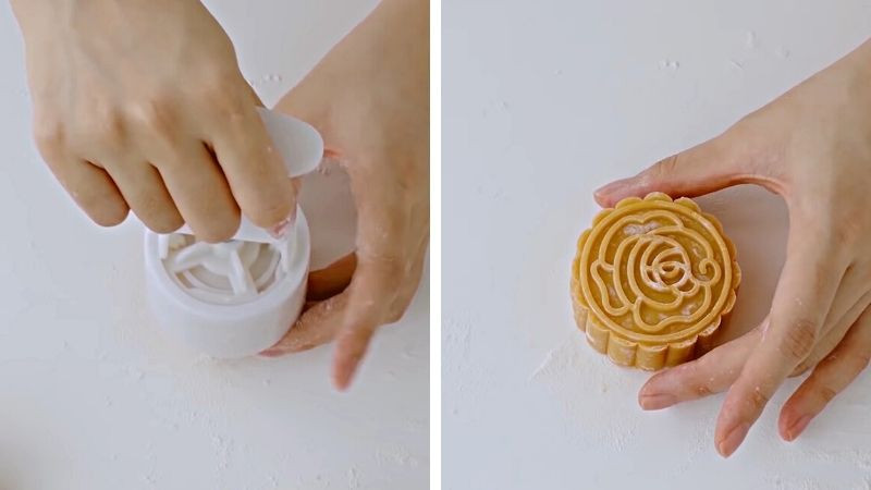 Dùng khuôn để tạo hình bánh trung thu sữa dừa sầu riêng