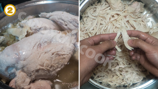 Gà được xé thành sợi, sẵn sàng làm nhân bánh bông lan gà xé