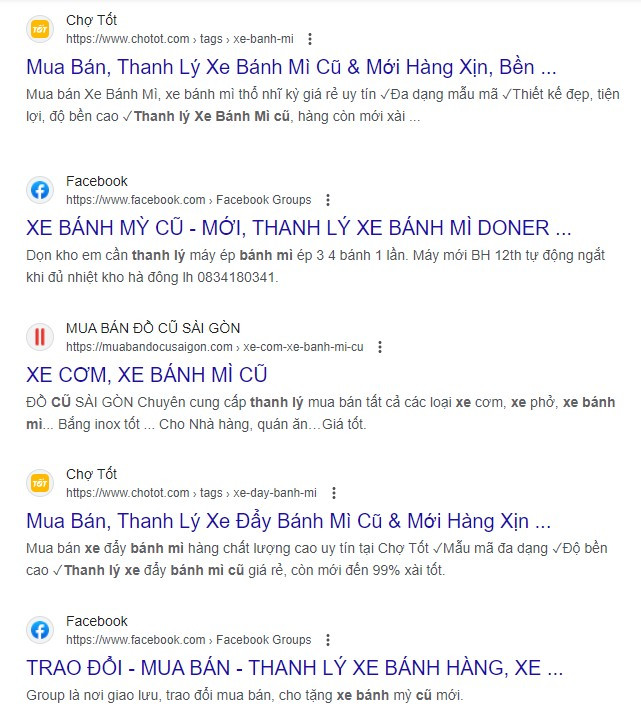 Giao diện website trực tuyến hiển thị các tin rao bán xe bán bánh mì cũ