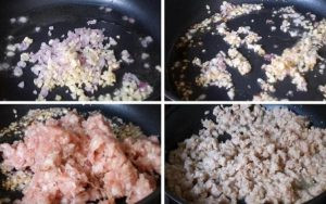 Hành tỏi được phi thơm trước khi xào nhân bánh đúc mặn