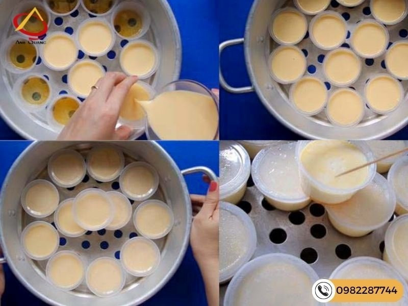 Hấp bánh flan sữa đặc trên bếp lửa nhỏ