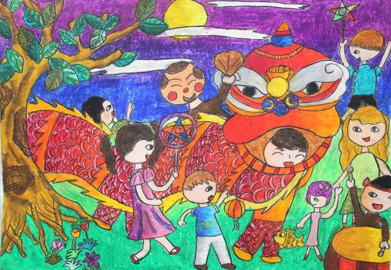 Họa tiết bánh trung thu chibi hình múa lân truyền thống