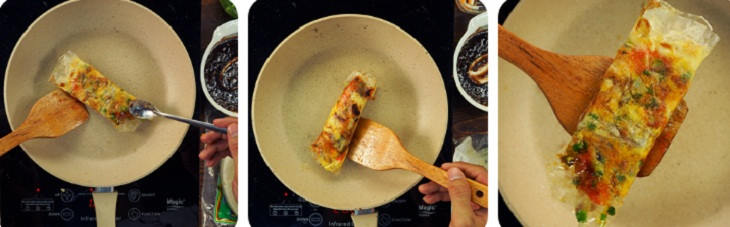 Hoàn thiện nhân bánh tráng mắm ruốc trên chảo trước khi cuộn