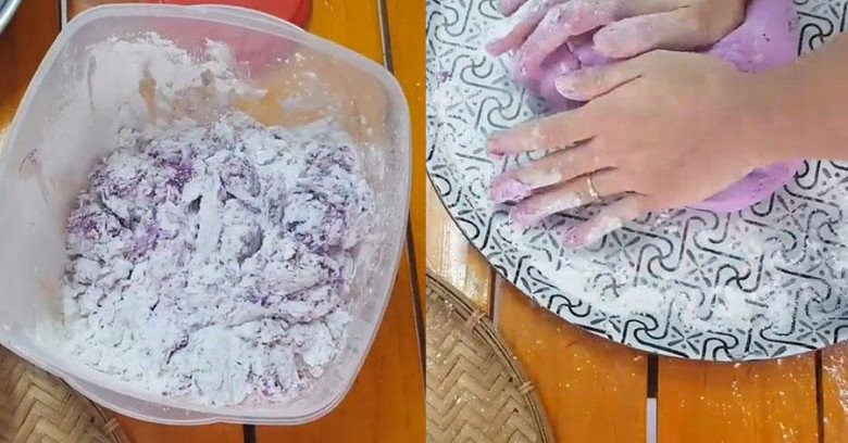 Hỗn hợp bột khoai mỡ với bột bắp và các nguyên liệu khác đang được ủ