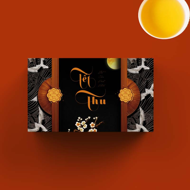 Hộp bánh trung thu 2 bánh sang trọng với chim hạc và hoa văn cổ truyền