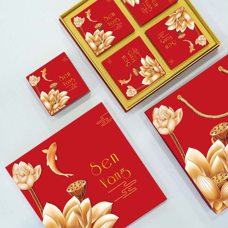 Hộp bánh trung thu 4 bánh hình cá và bông sen truyền thống