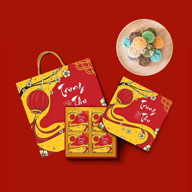 Hộp bánh trung thu 4 bánh với hình ảnh lồng đèn đỏ truyền thống
