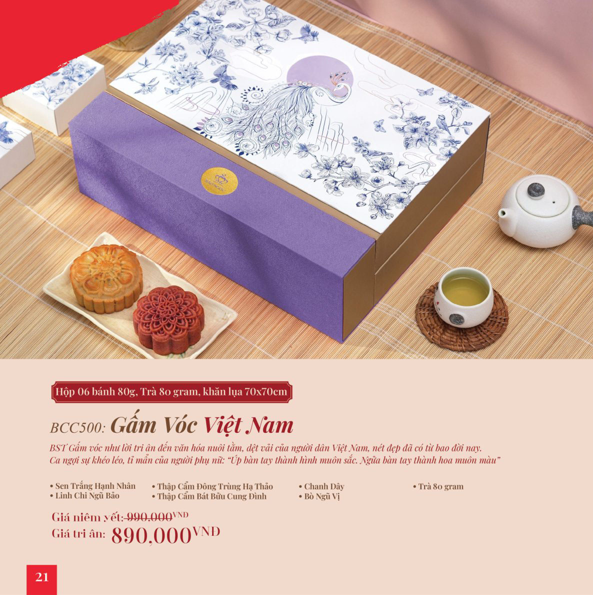 Hộp bánh trung thu Bảo Ngọc Gấm Vóc Việt Nam 6 bánh và trà
