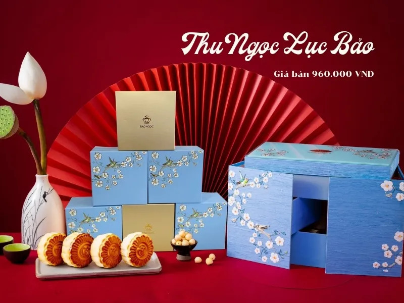 Hộp bánh trung thu Bảo Ngọc Thu Ngọc Lục Bảo hai tầng màu xanh lá và vàng