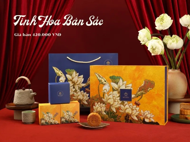 Hộp bánh trung thu Bảo Ngọc Tinh Hoa Bản Sắc màu xanh ngọc chủ đạo họa tiết sen