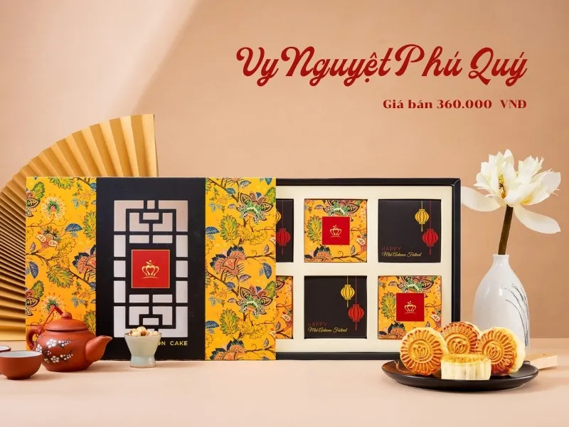 Hộp bánh trung thu Bảo Ngọc Vy Nguyệt Phú Quý màu vàng kim sang trọng