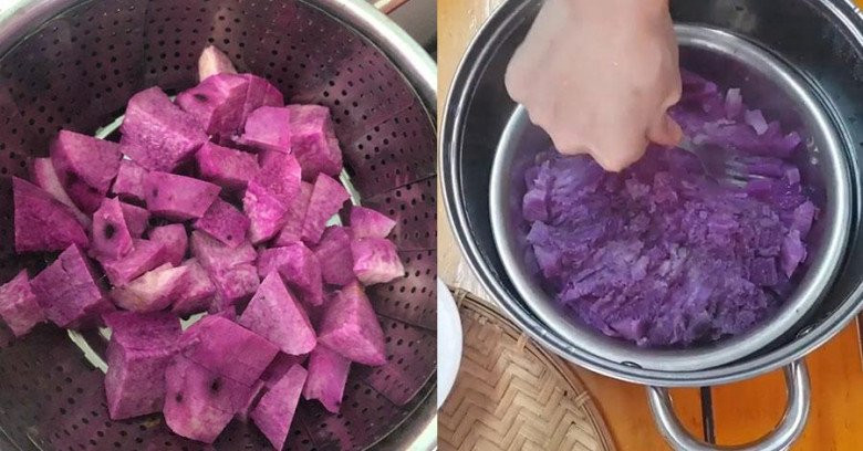 Khoai mỡ đã được tán nhuyễn mịn, sẵn sàng trộn bột