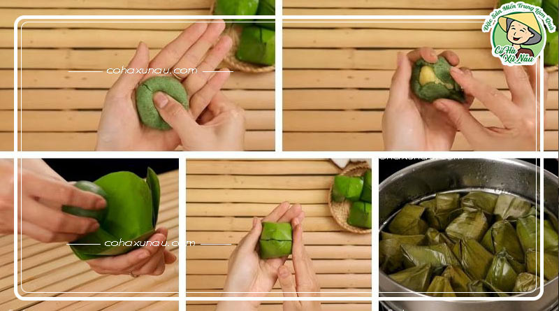 Kỹ thuật gói bánh ít lá gai hình chóp truyền thống