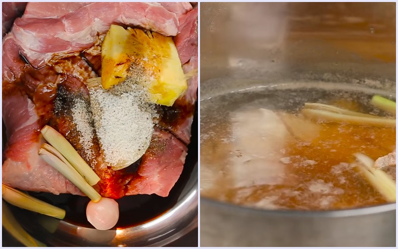 Luộc thịt heo cùng gia vị để khử mùi và tăng hương vị