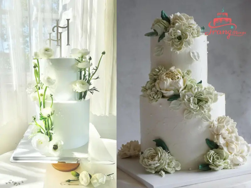 Mẫu bánh kem đám cưới hai tầng với họa tiết hoa hồng cổ điển