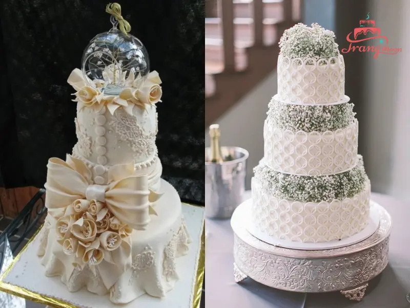 Mẫu bánh kem đám cưới ren trắng thanh lịch, phù hợp phong cách vintage