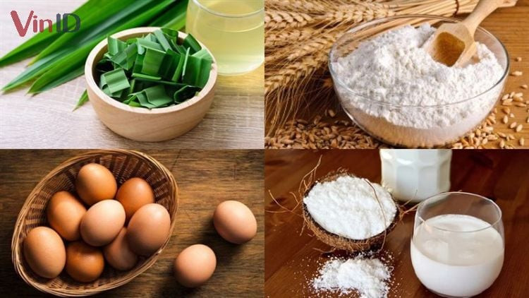 Nguyên liệu chuẩn bị cho bánh tổ ong lá dứa bao gồm lá dứa tươi, trứng, bột và nước cốt dừa