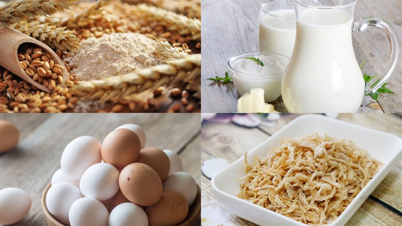 Nguyên liệu chuẩn bị làm bánh bông lan sợi gà tại nhà
