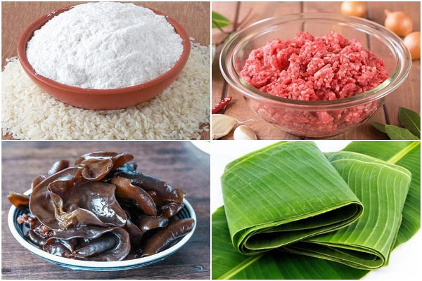 Nguyên liệu chuẩn bị làm bánh giò bằng bột gạo tại nhà