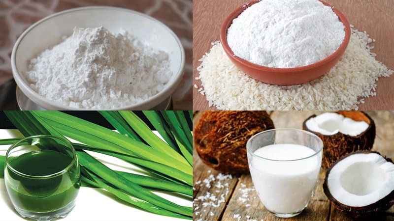 Nguyên liệu đầy đủ để làm bánh da lợn truyền thống bao gồm lá dứa, đậu xanh, bột năng, bột gạo, nước cốt dừa và đường