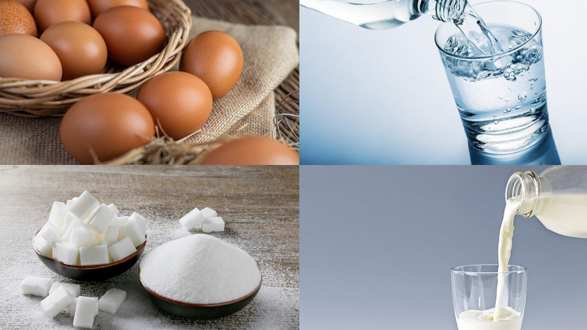 Nguyên liệu làm bánh flan với 4 quả trứng gà