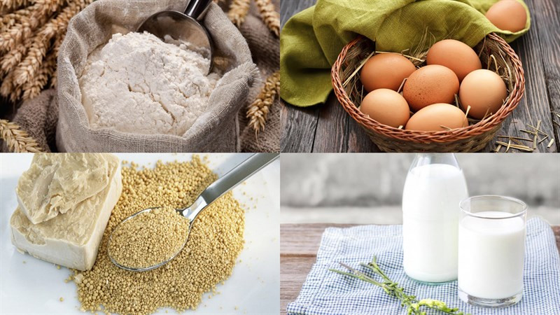 Nguyên liệu làm bánh su kem chiên gồm bột, trứng, sữa và bơ