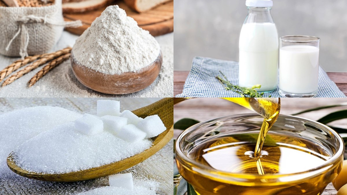 Nguyên liệu làm bánh tiêu sữa với bột mì, men, mè, sữa tươi, đường và dầu ăn