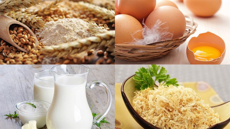 Nguyên liệu làm món bánh bông lan ruốc gà cay sốt dầu trứng